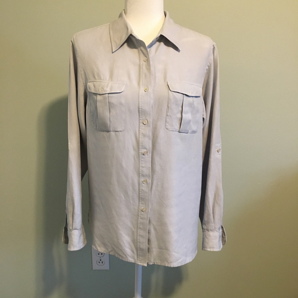 Kate Hill Silk Button Down Shirt Blue 10